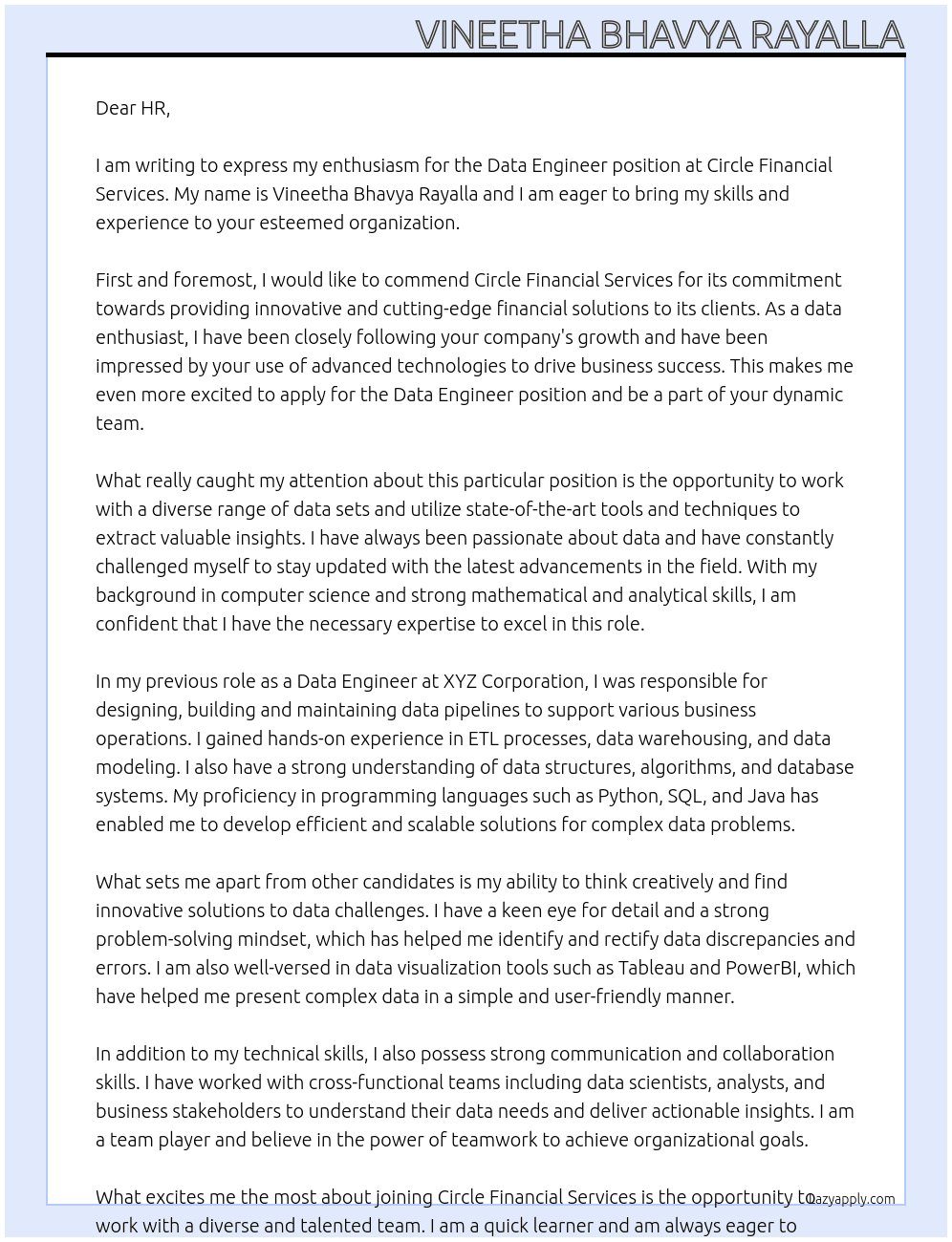 Data Engineer At Circle Financial Services Cover Letter