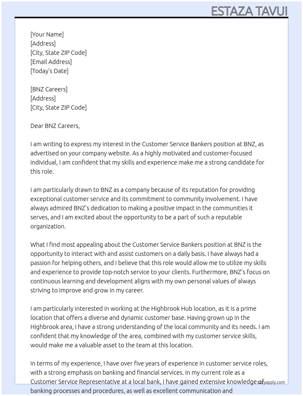 Customer Service Bankers At BNZ Cover Letter