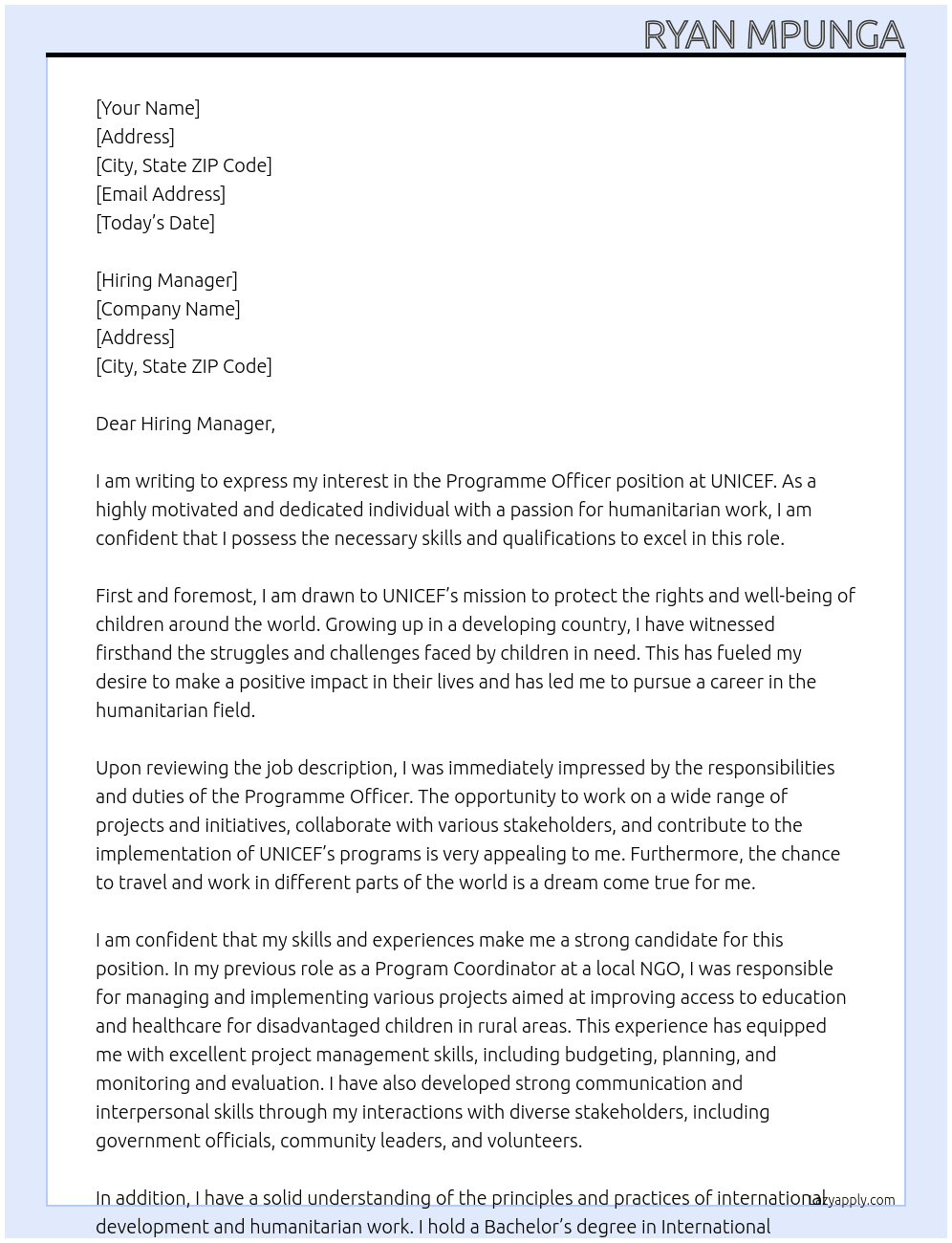 Programme Officer  At UNICEF Cover Letter