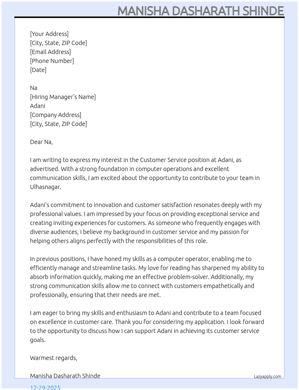 Cover letter for adani customer service vacancy - LazyApply