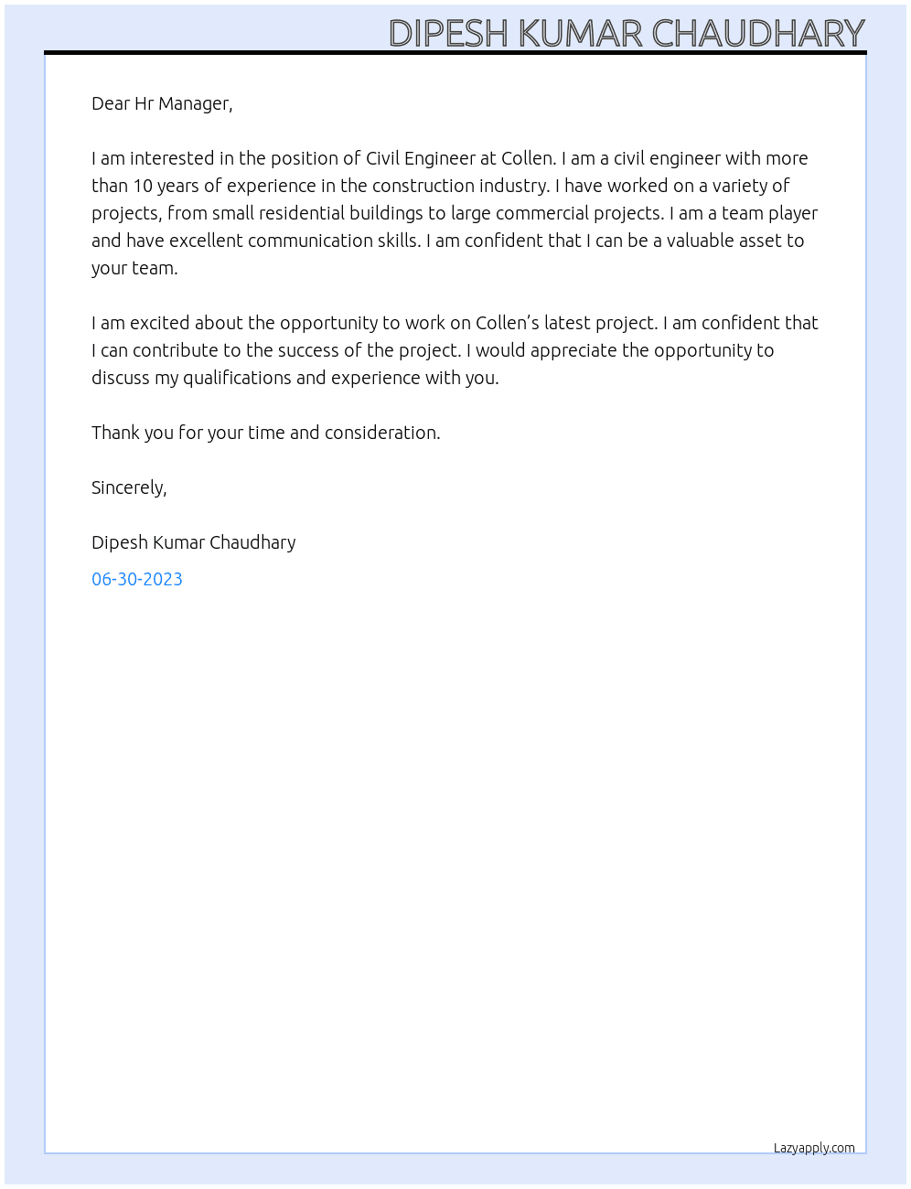 Civil Engineer At Collen Cover Letter