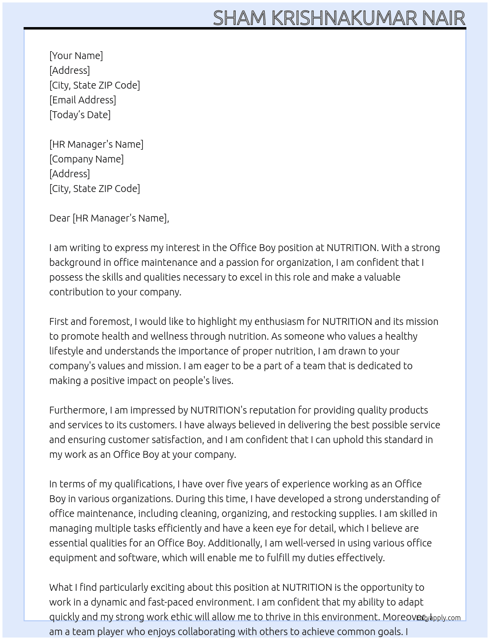 OFFICE BOY At NUTRITION Cover Letter