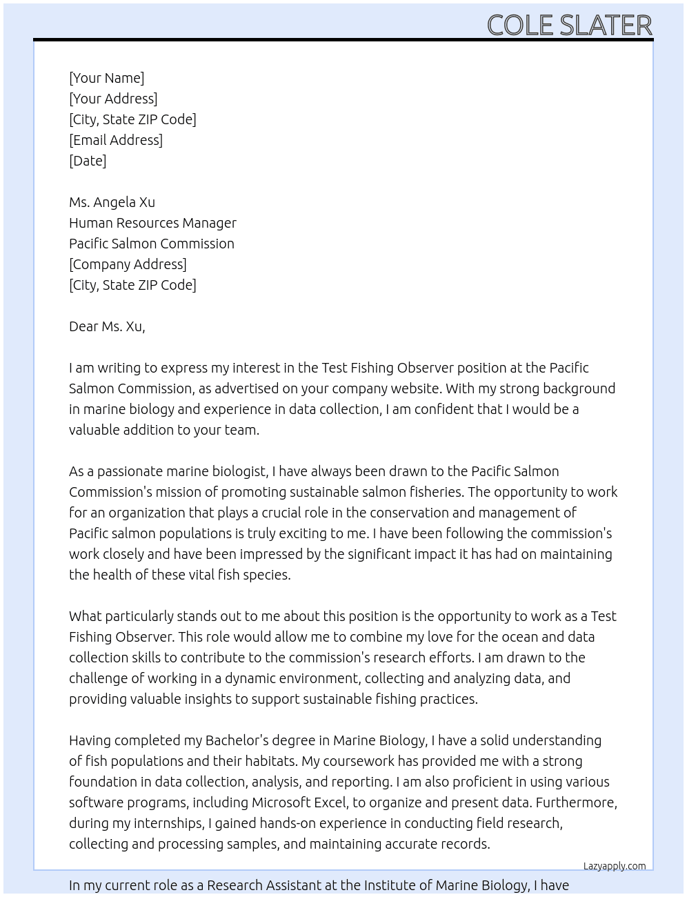 Test fishing observer  At Pacific Salmon commission  Cover Letter
