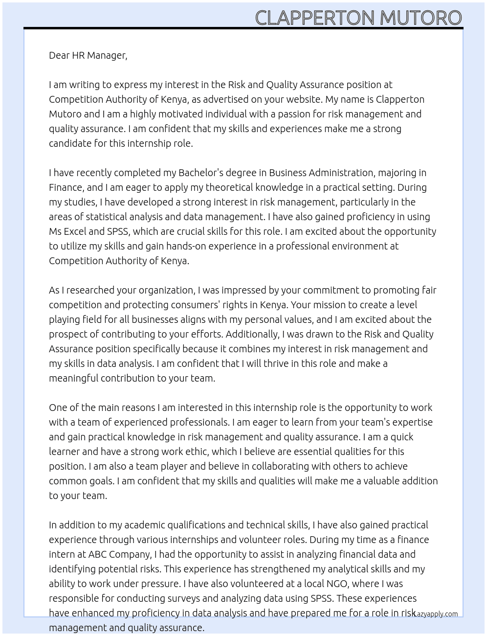 Risk and Quality Assurance At Competition Authority of Kenya Cover Letter