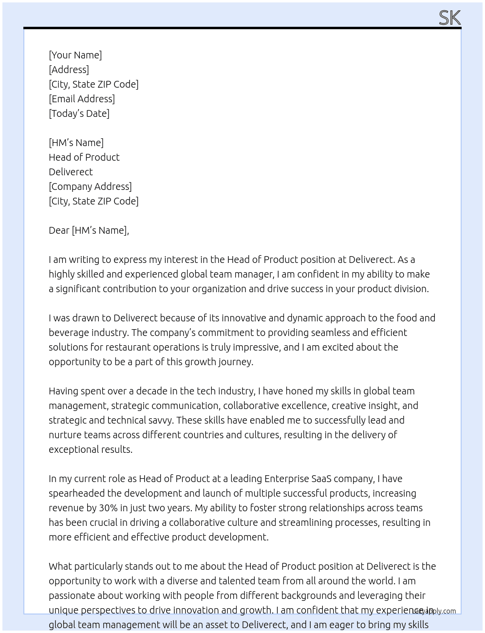 Head of product At Deliverect Cover Letter