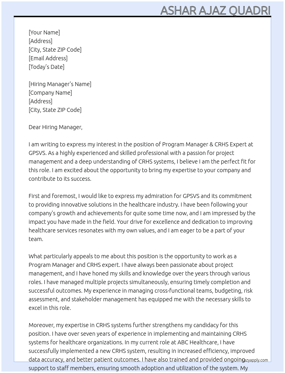 Program Manager & CRHS Expert  At GPSVS Cover Letter