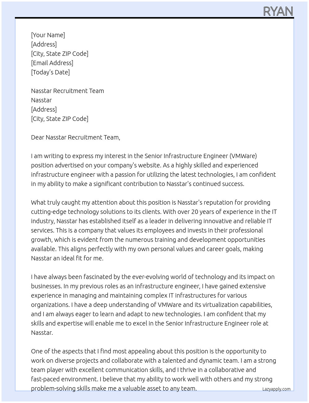 Senior Infrastructure Engineer (VMWare) At Nasstar Cover Letter