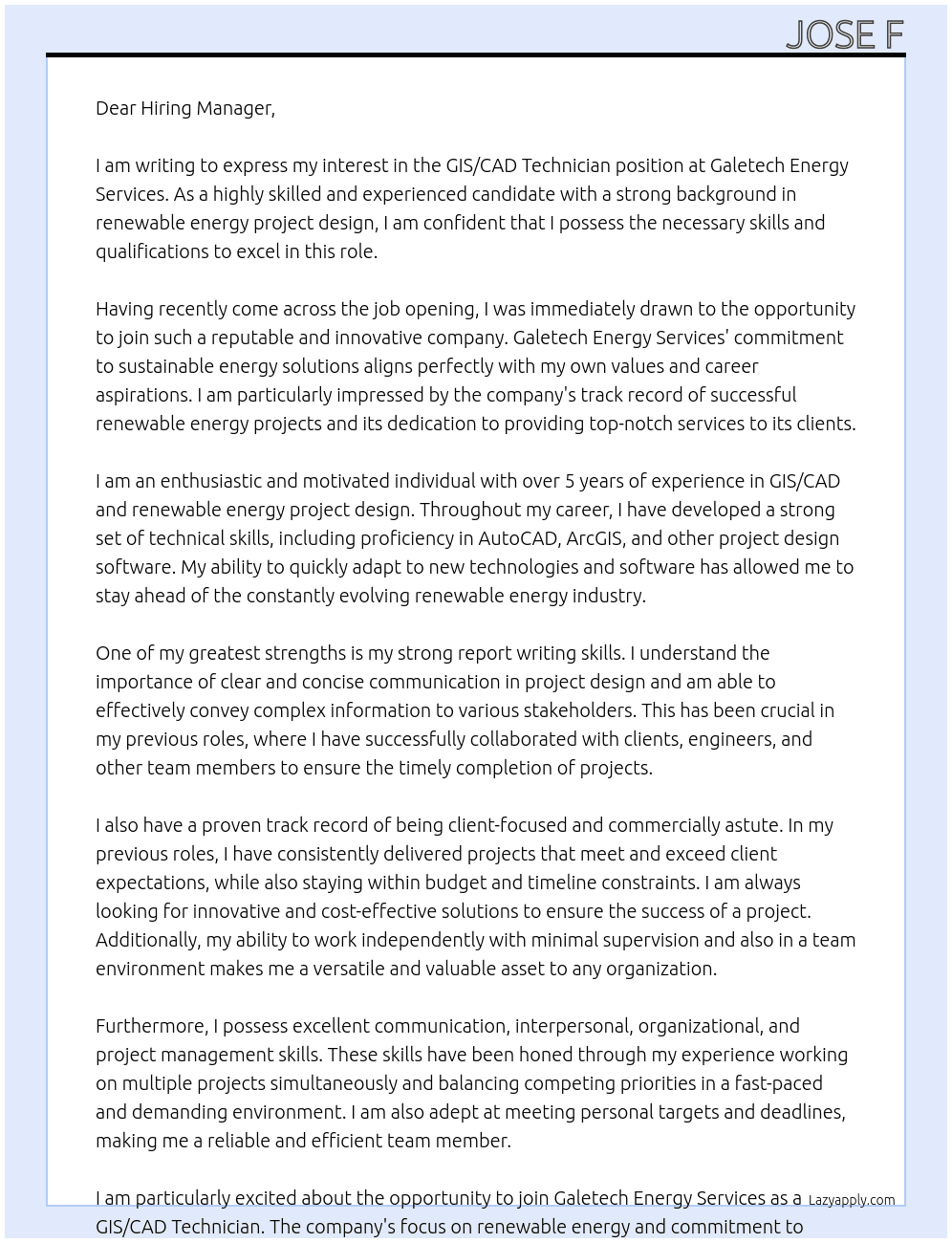 GIS/CAD Technician – Renewable Energy Project Design At Galetech Energy Services  Cover Letter