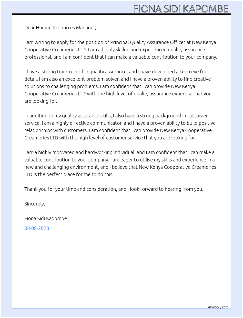 Principal Quality Assurance Officer  At New Kenya Cooperative Creameries LTD  Cover Letter