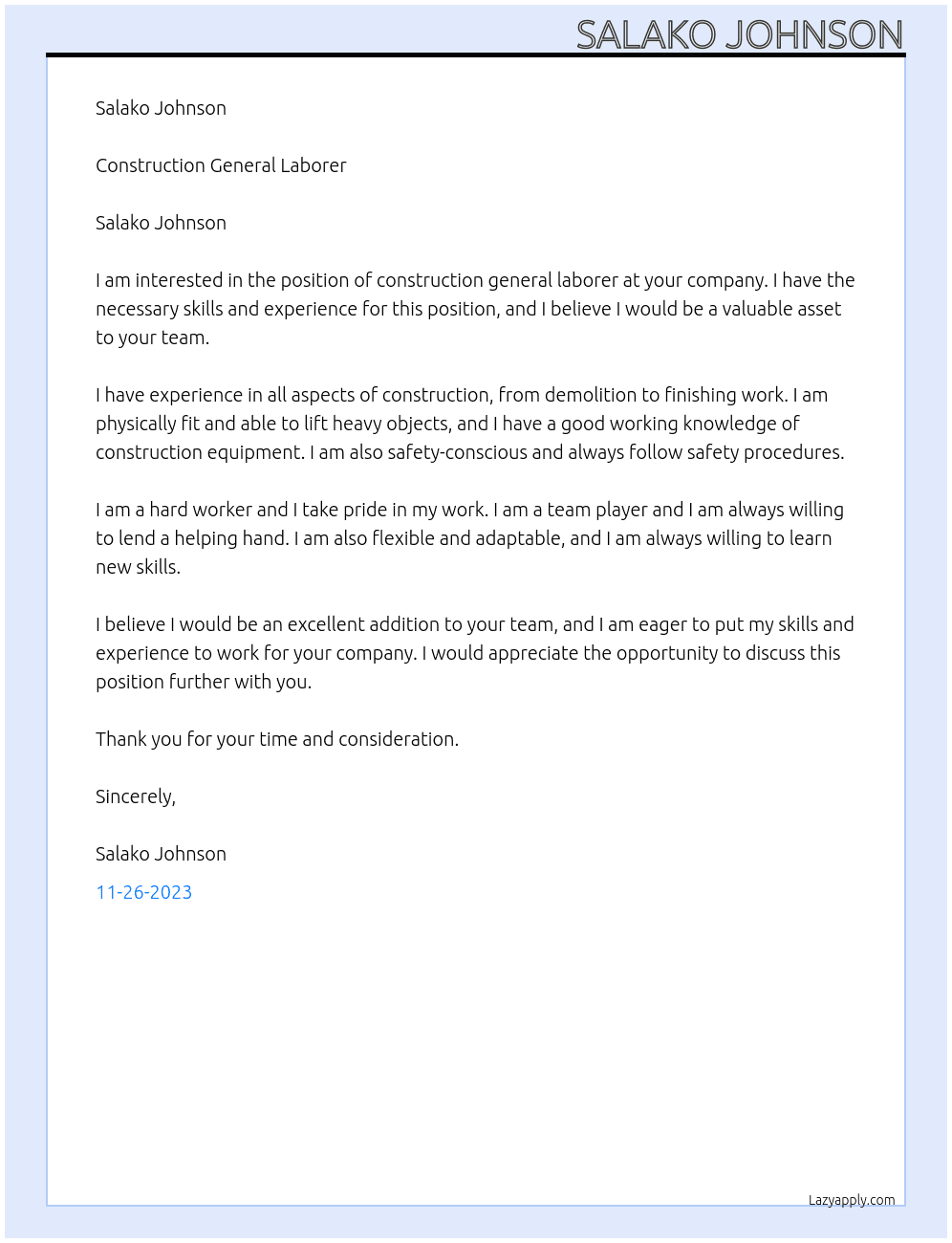 construction general laborer At Salako Johnson Cover Letter