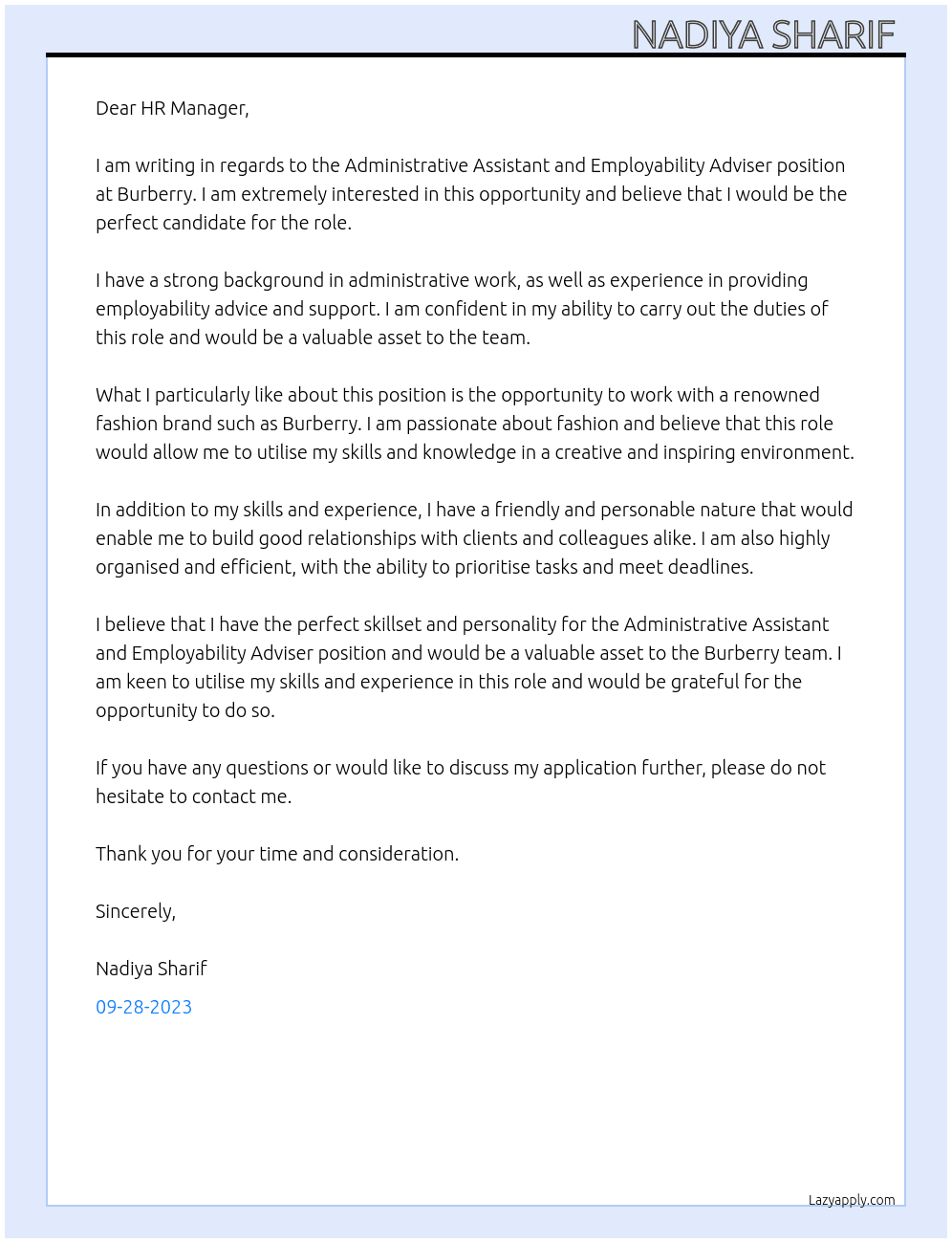 Administrative Assistant and Employability Adviser At burberry Cover Letter