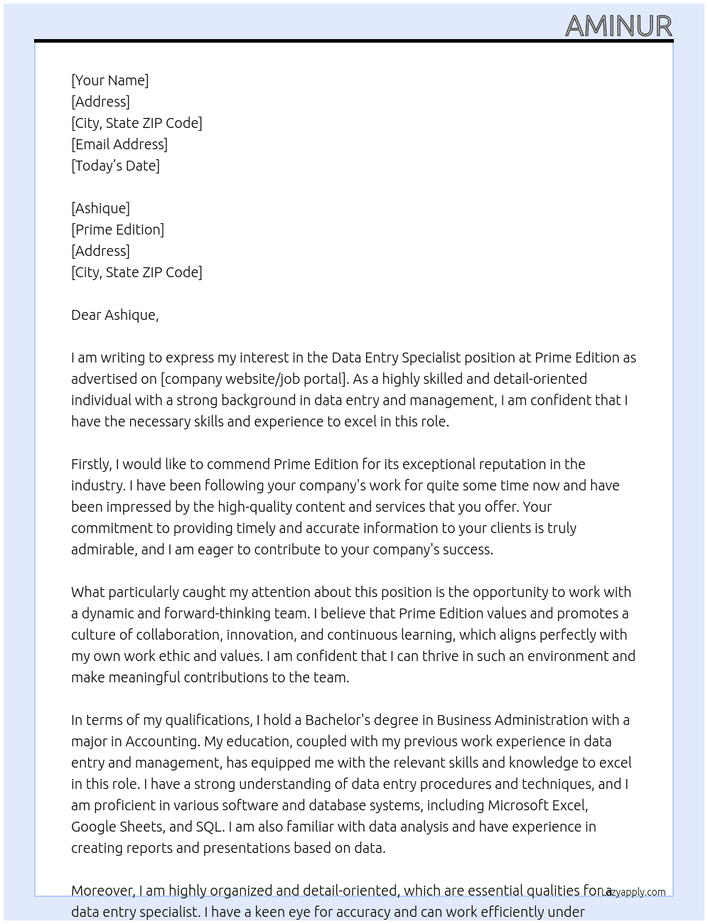 data entry specialist At primeedition.blogspot.com Cover Letter