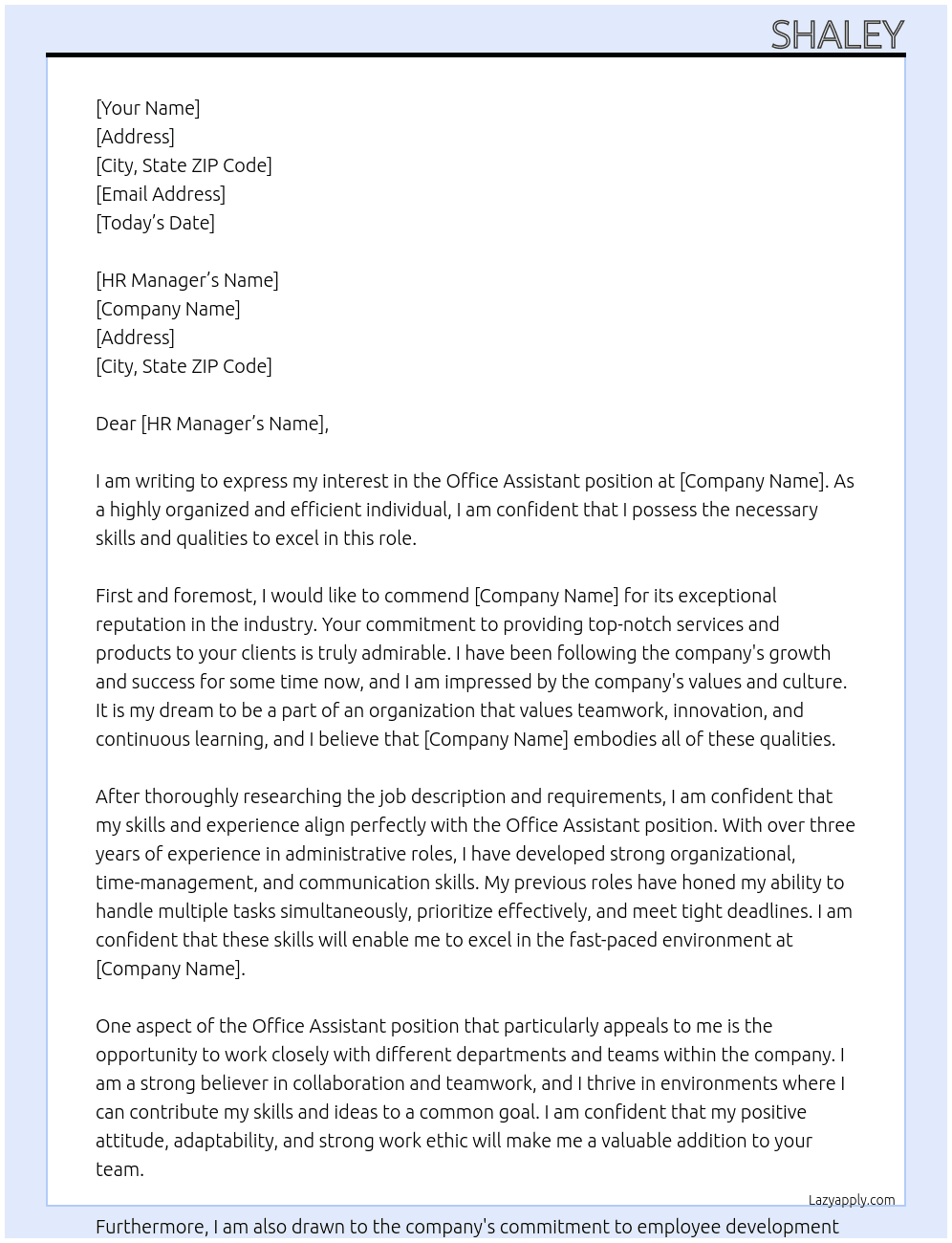 Office assistant At sfsdjf Cover Letter