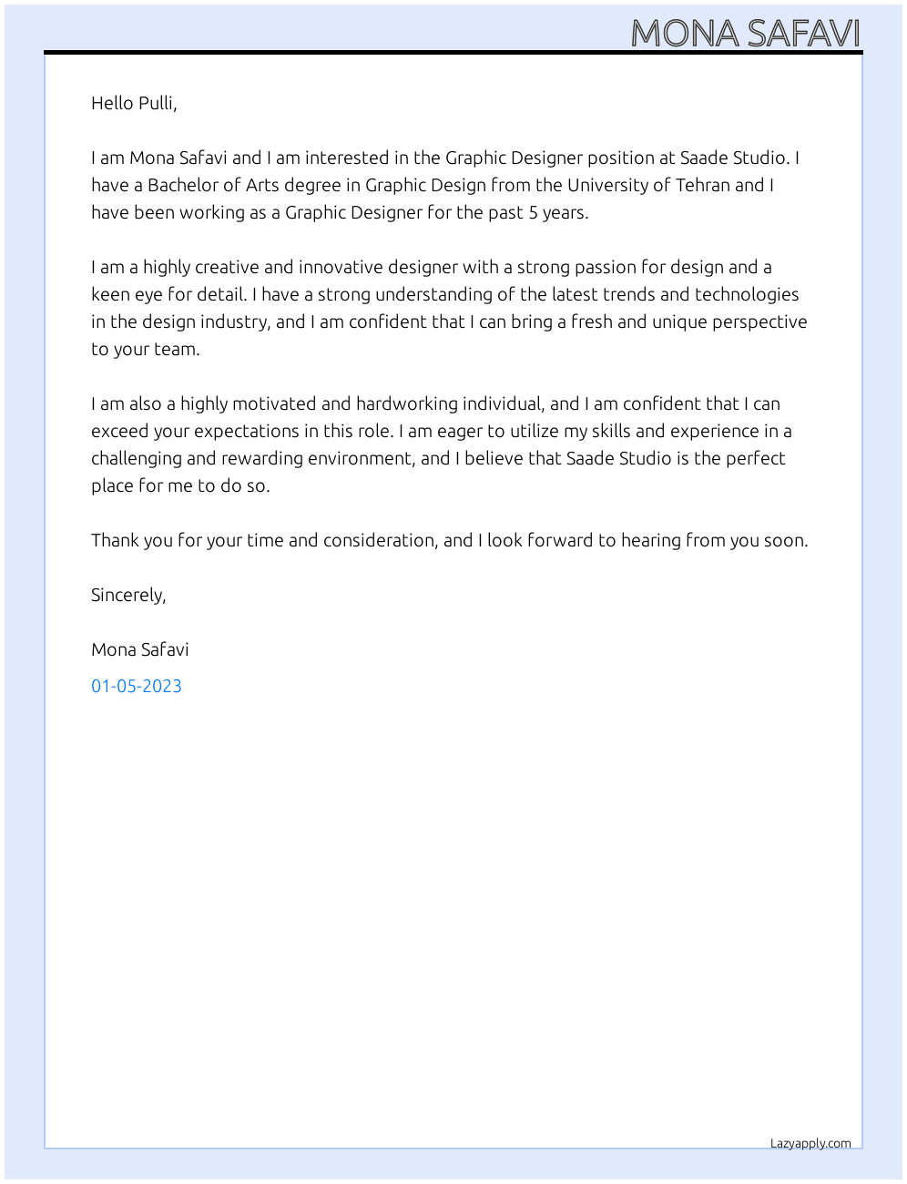Graphic Designer At Saade Studio Cover Letter