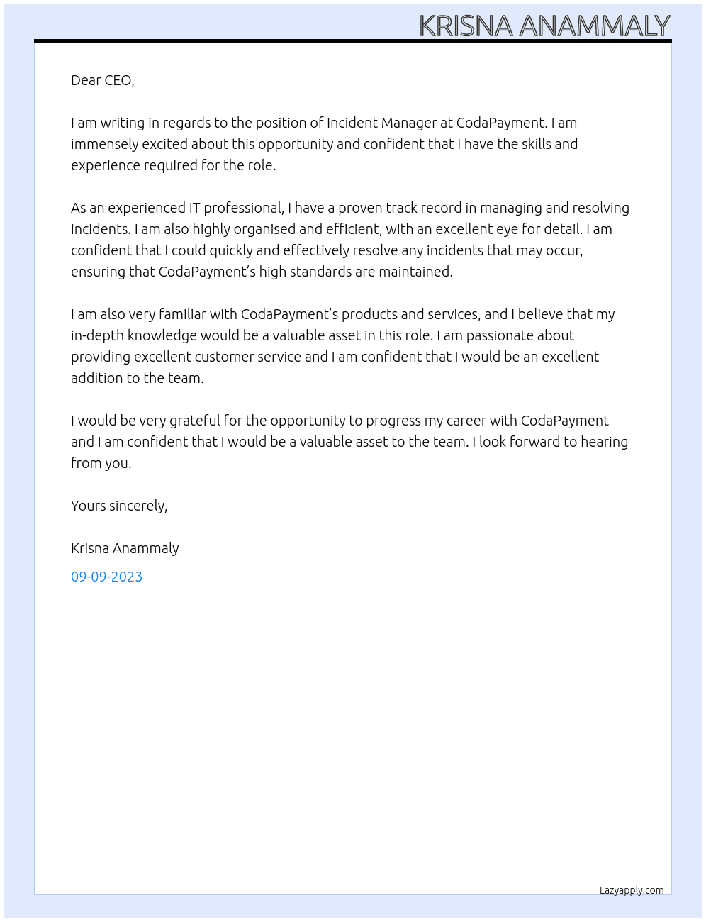 Incident manager At codapayment Cover Letter