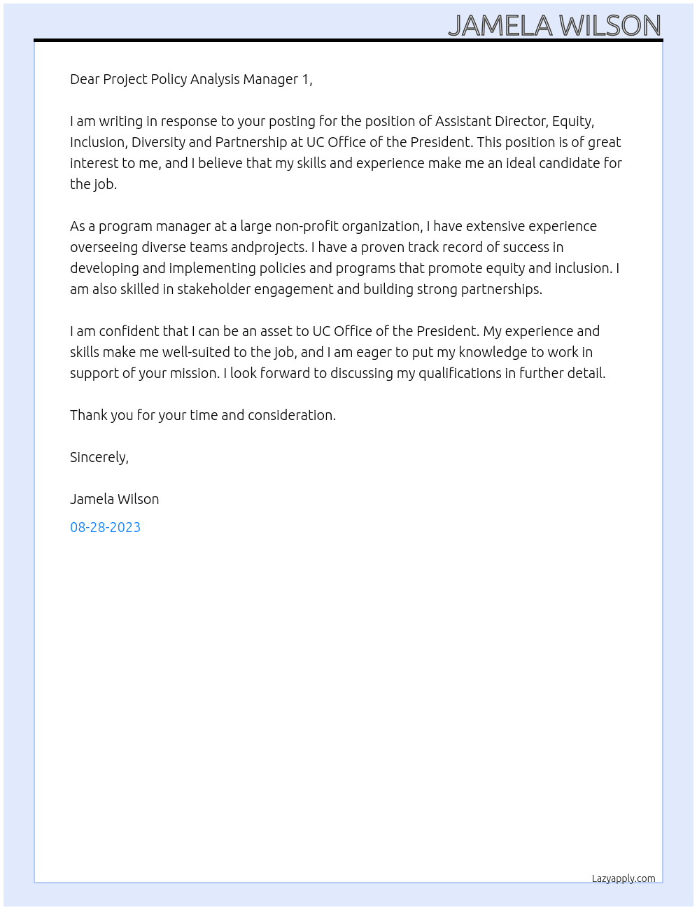 Assistant Director, Equity, Inclusion, Diversity and Partnership At UC Office of the President  Cover Letter