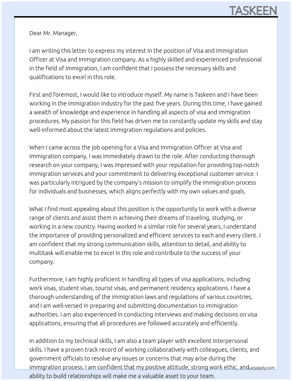 Visa and immigration officer At Visa and immigration Cover Letter