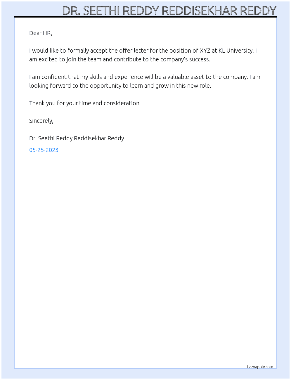 Accept the offer letter At KL University Cover Letter