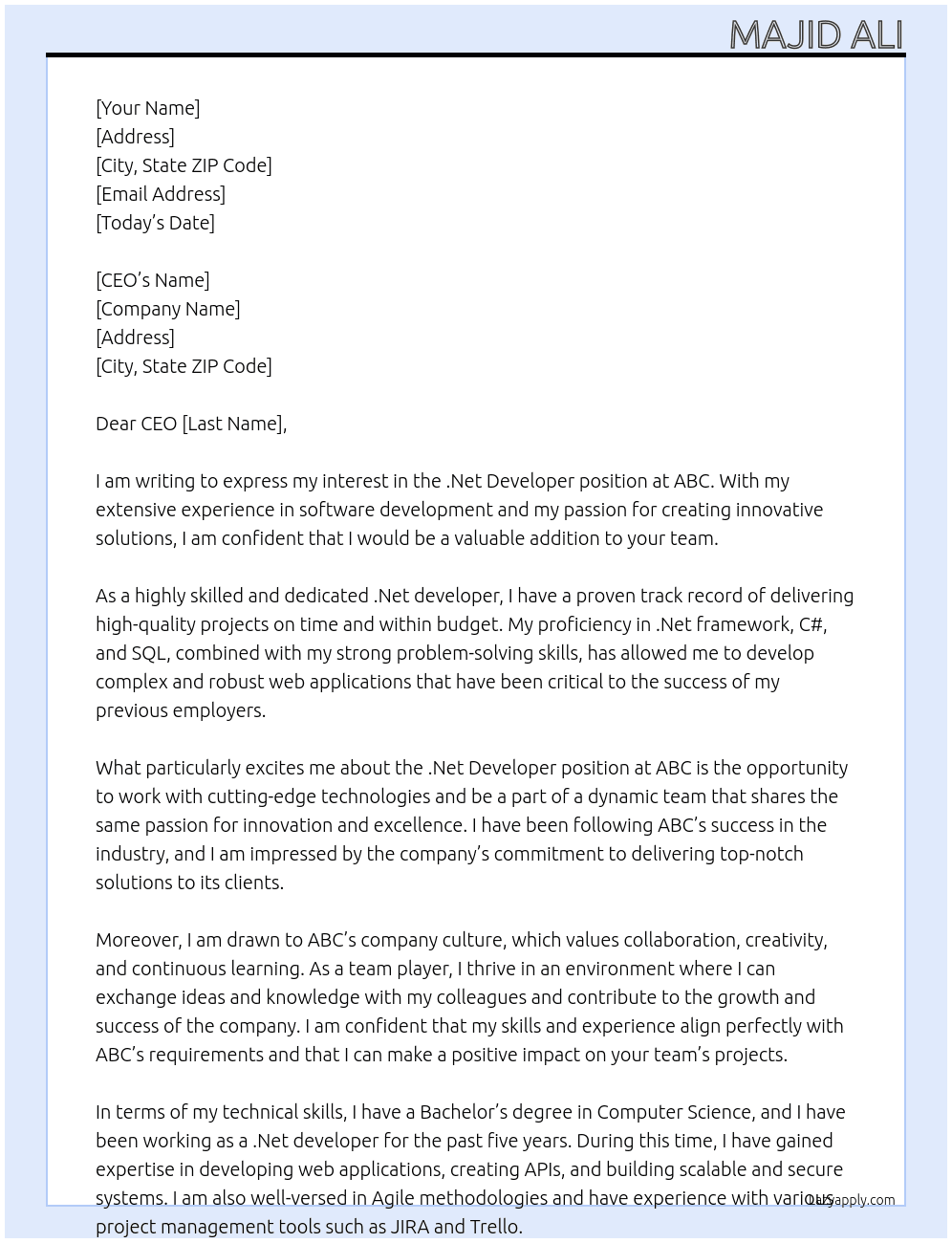 .Net developer At ABC Cover Letter