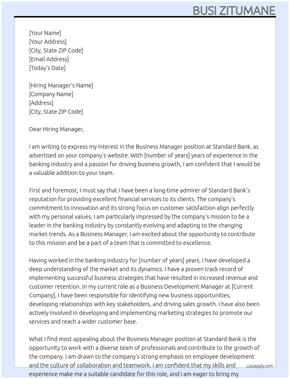  Business Manager At Standard Bank Cover Letter