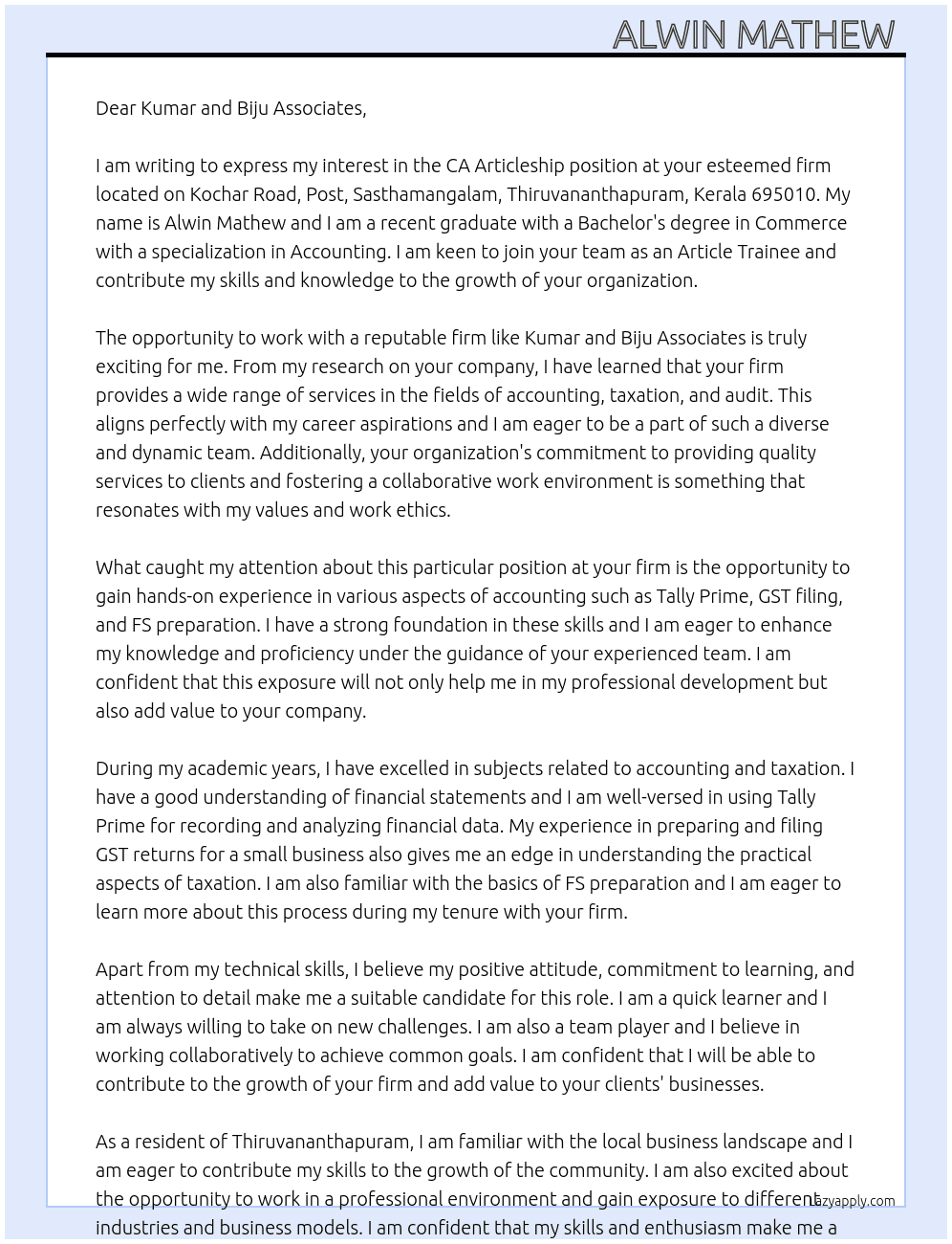 CA ARTICLESHIP  At Kumar & Biju Associates  Cover Letter