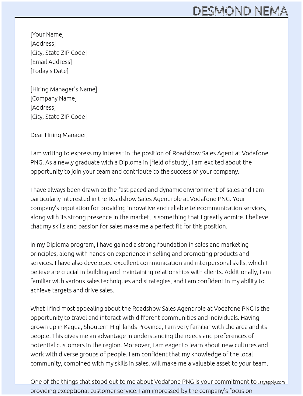 Roadshow Sales agent At Vodafone PNG Cover Letter