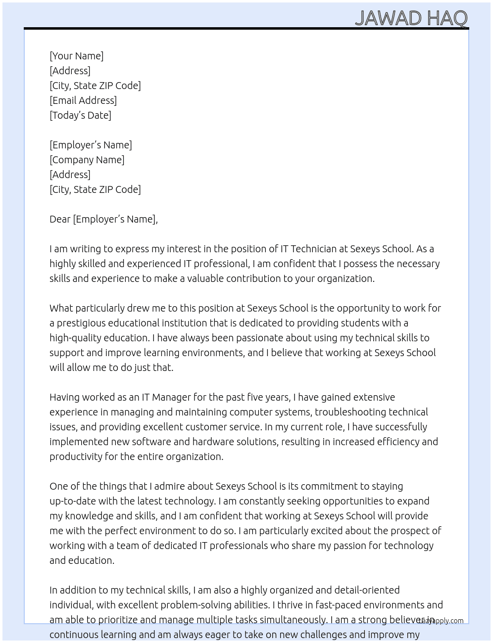 IT Technician At Sexeys School  Cover Letter