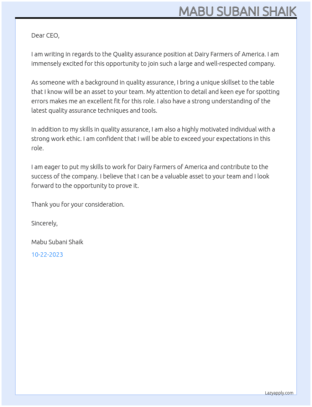 Quality assurance At Dairy Farmers of America Cover Letter