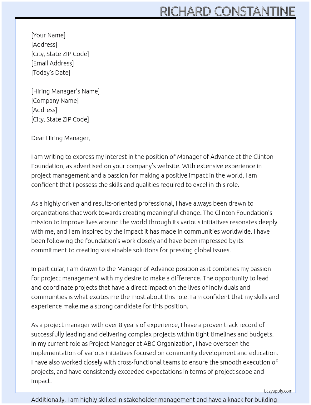 Manager of Advance At Clinton Foundation Cover Letter
