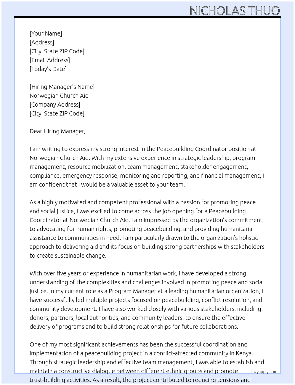 Peacebuilding Coordinator At Norwegian Church Aid Cover Letter