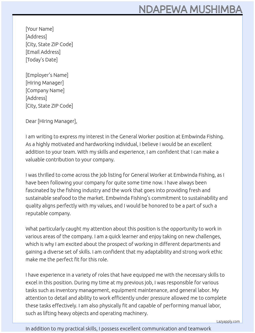 General worker At Embwinda Fishing Cover Letter