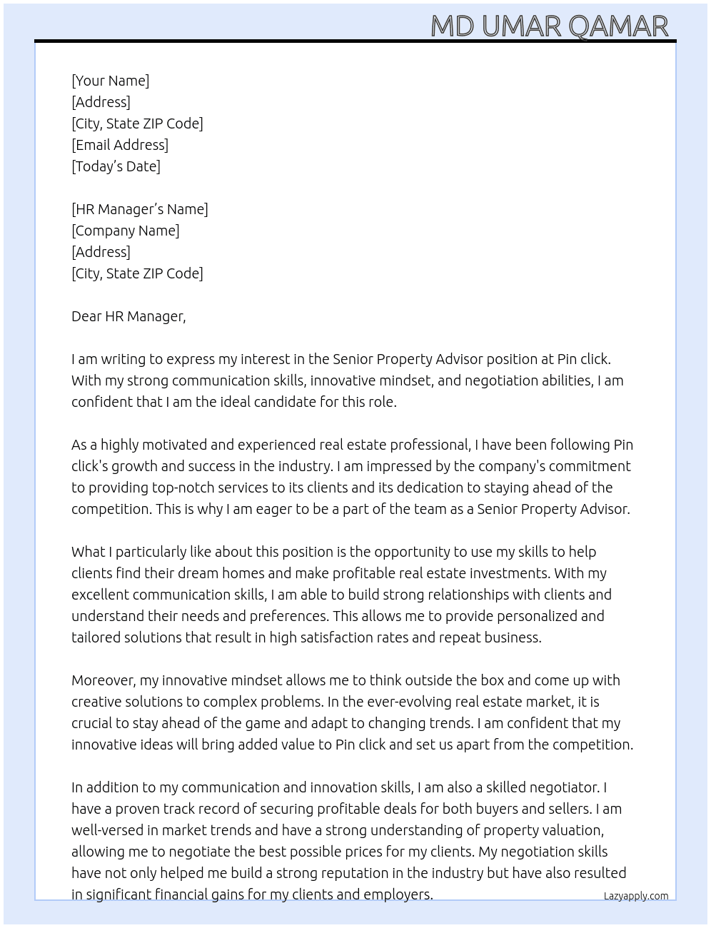 Senior Property Advisor  At Pin click Cover Letter