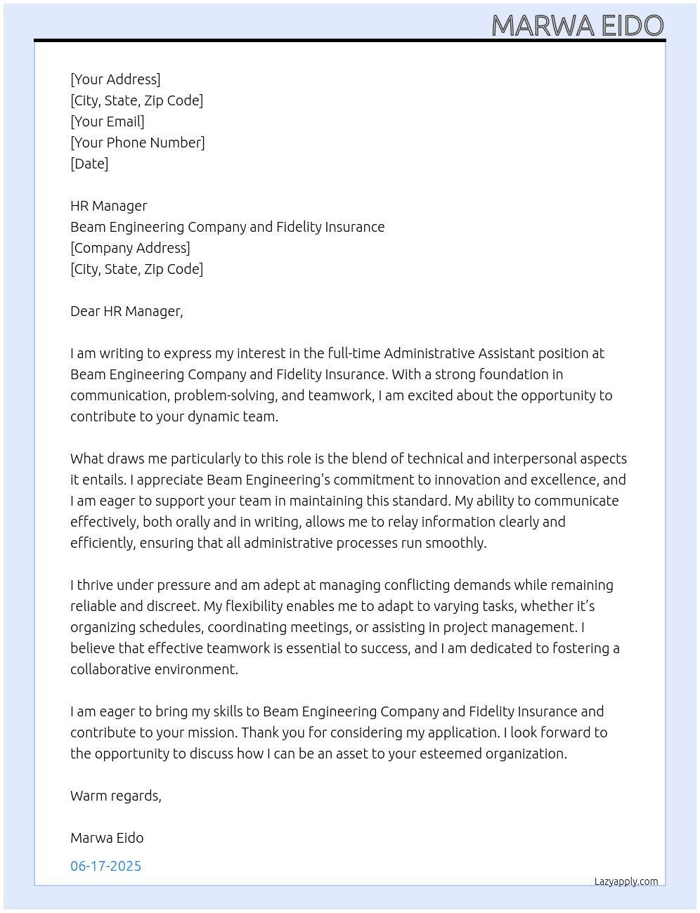 administrative assistant At beam engineering company and Fidelity Insurance Cover Letter