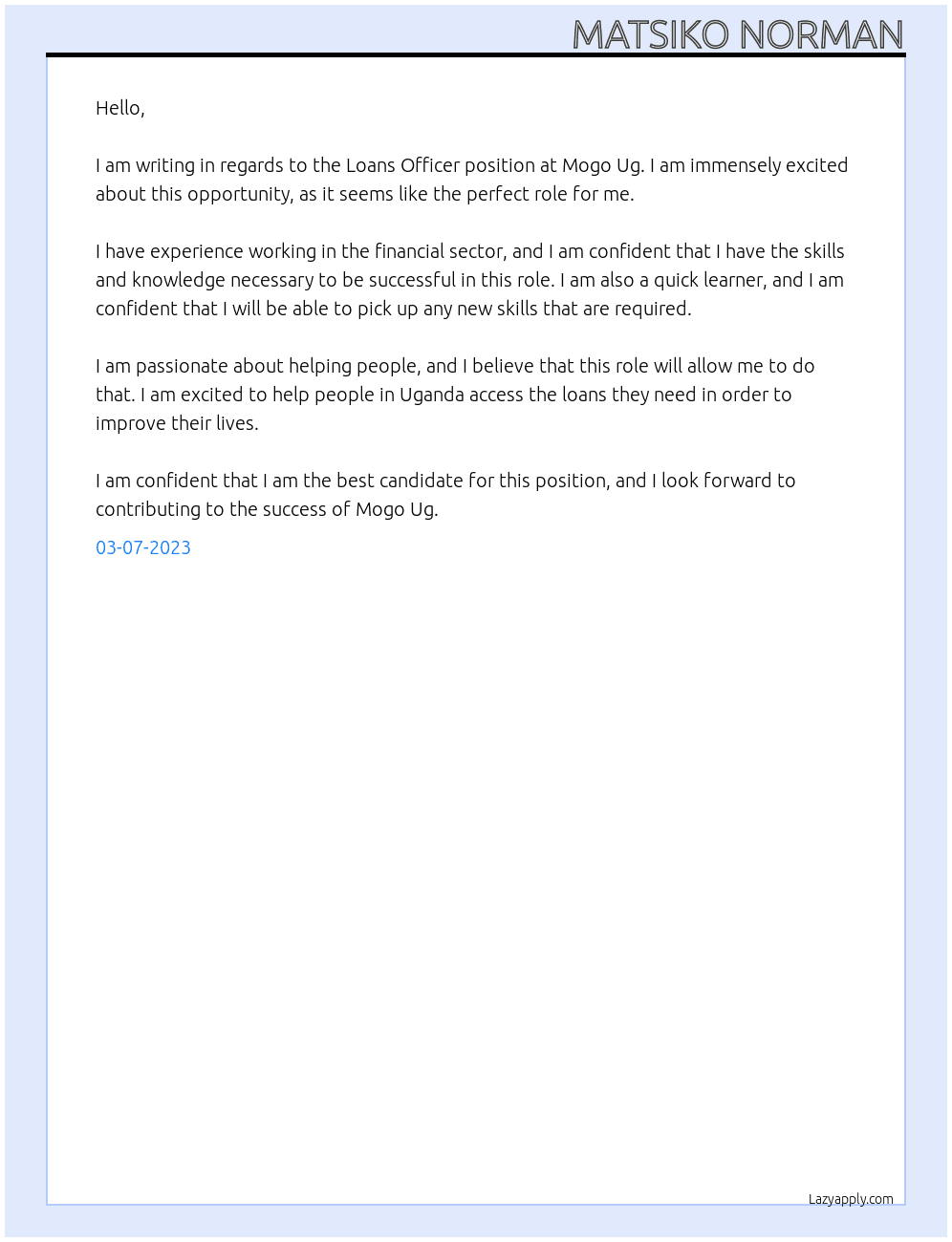 Loans Officer At Mogo Ug  Cover Letter