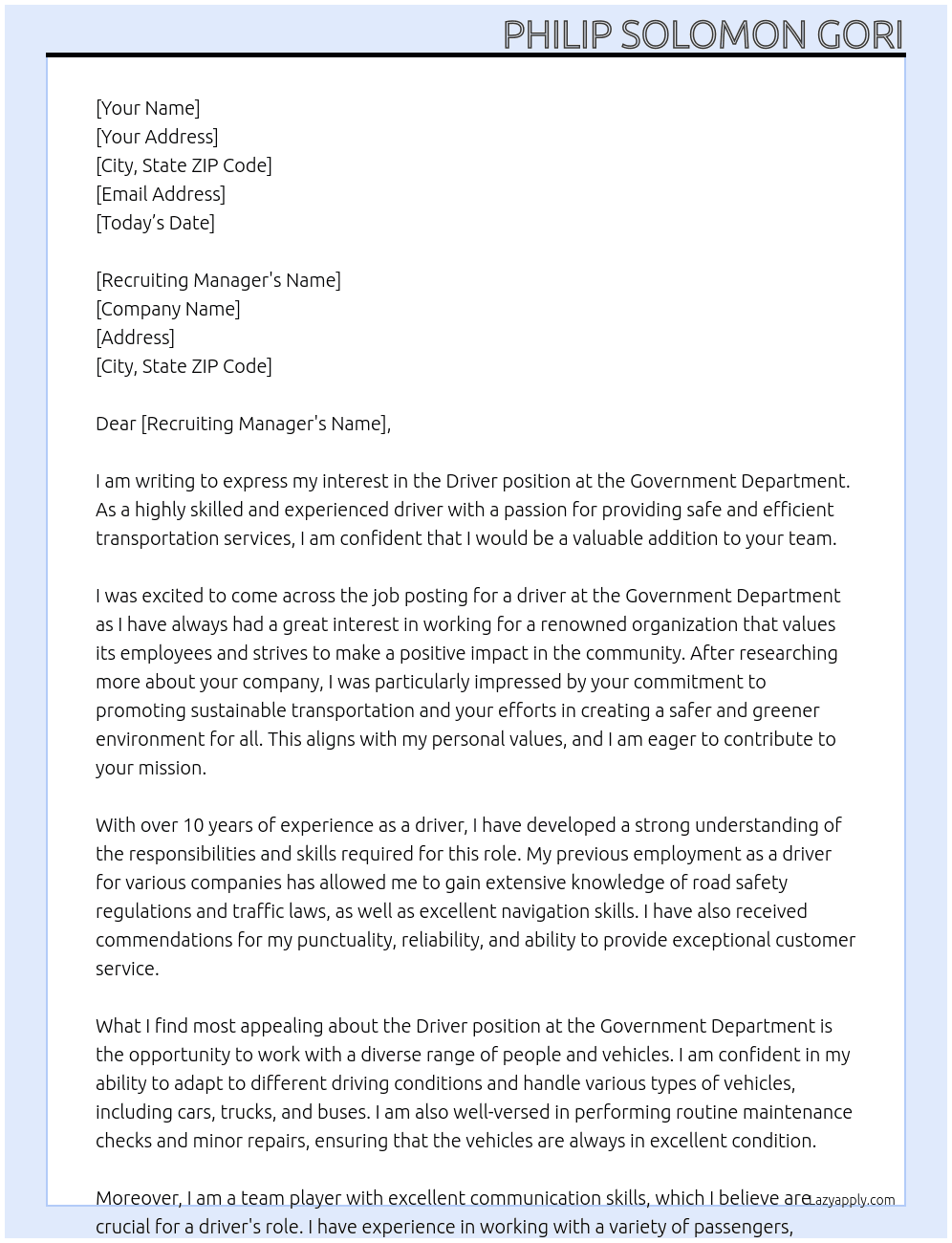 driver At Government Department Cover Letter