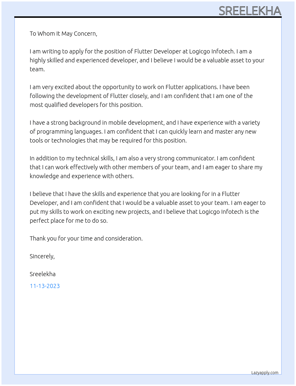 flutter developer At Logicgo Infotech Cover Letter