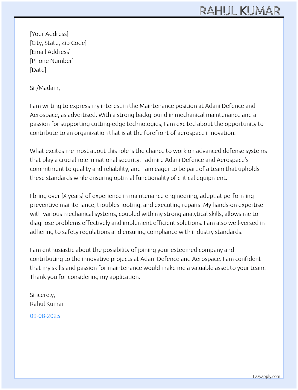 maintenance  At adani defence and Aerospace  Cover Letter