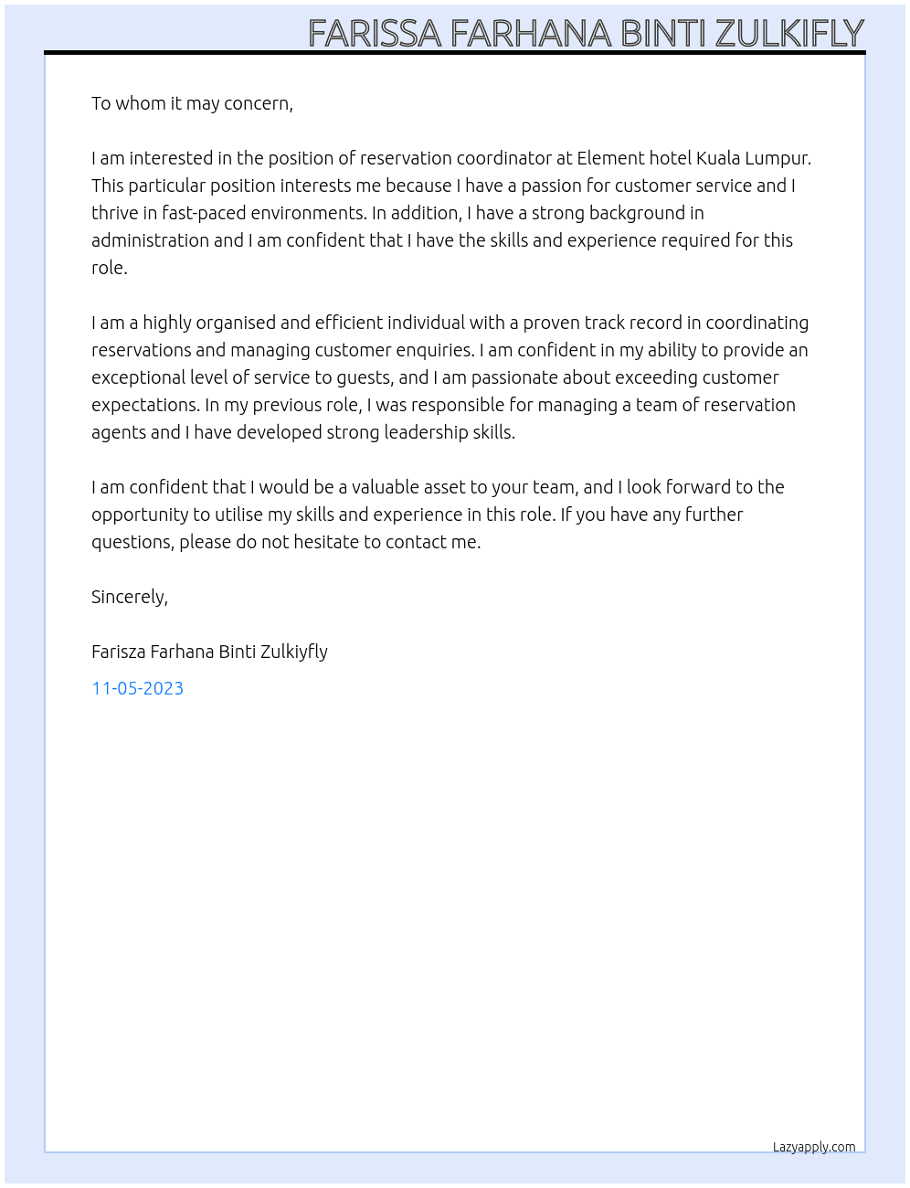 Reservation coodinator At Element hotel kuala lumpur Cover Letter