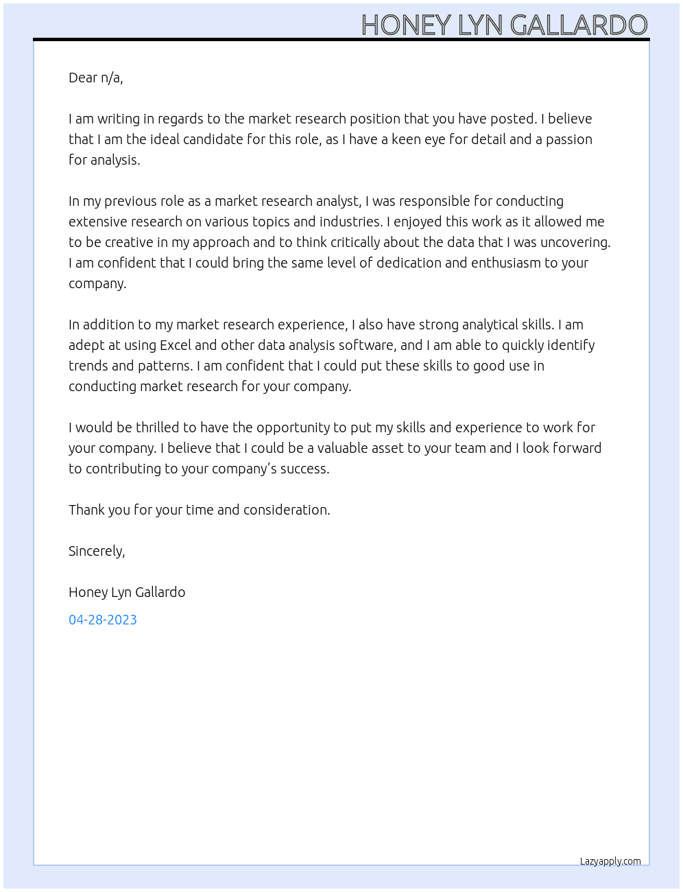 Market Research At n/a Cover Letter
