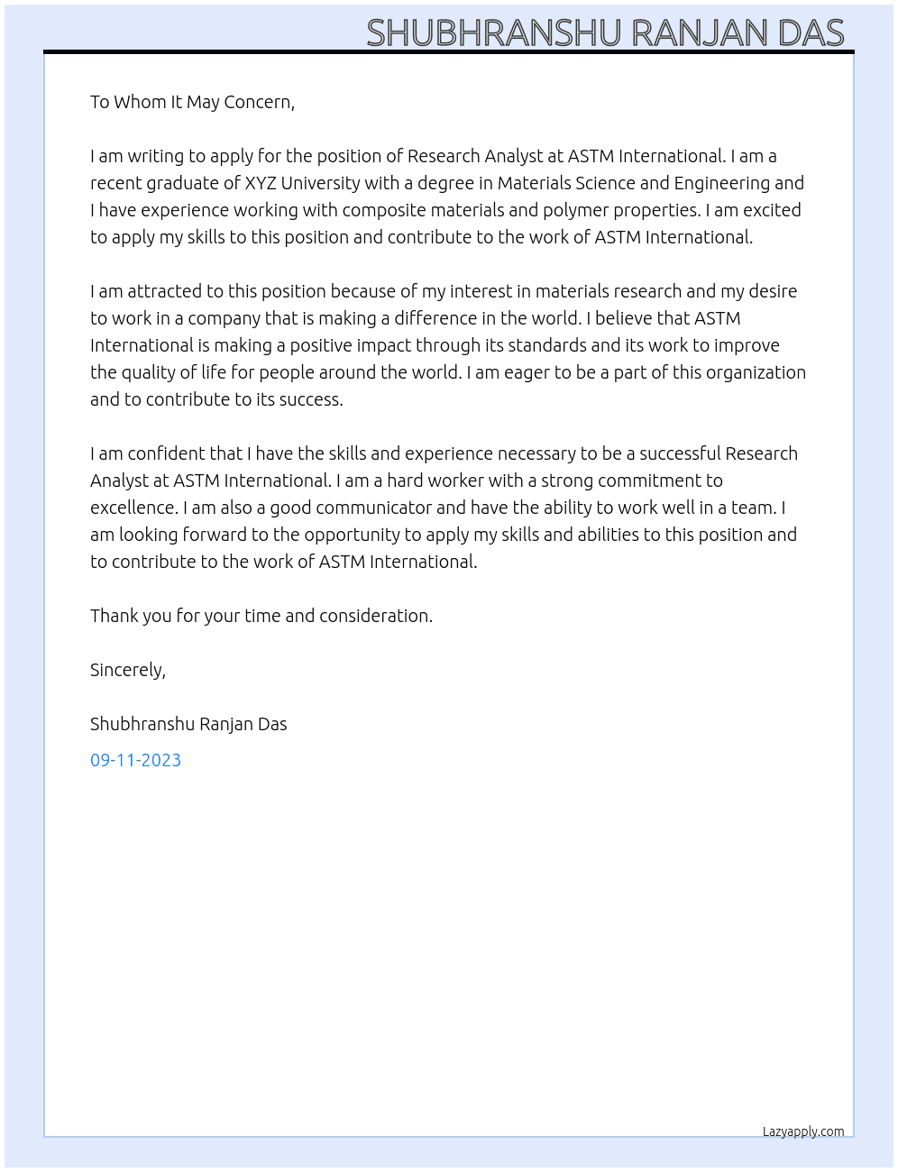 Research Analyst  At ASTM International  Cover Letter