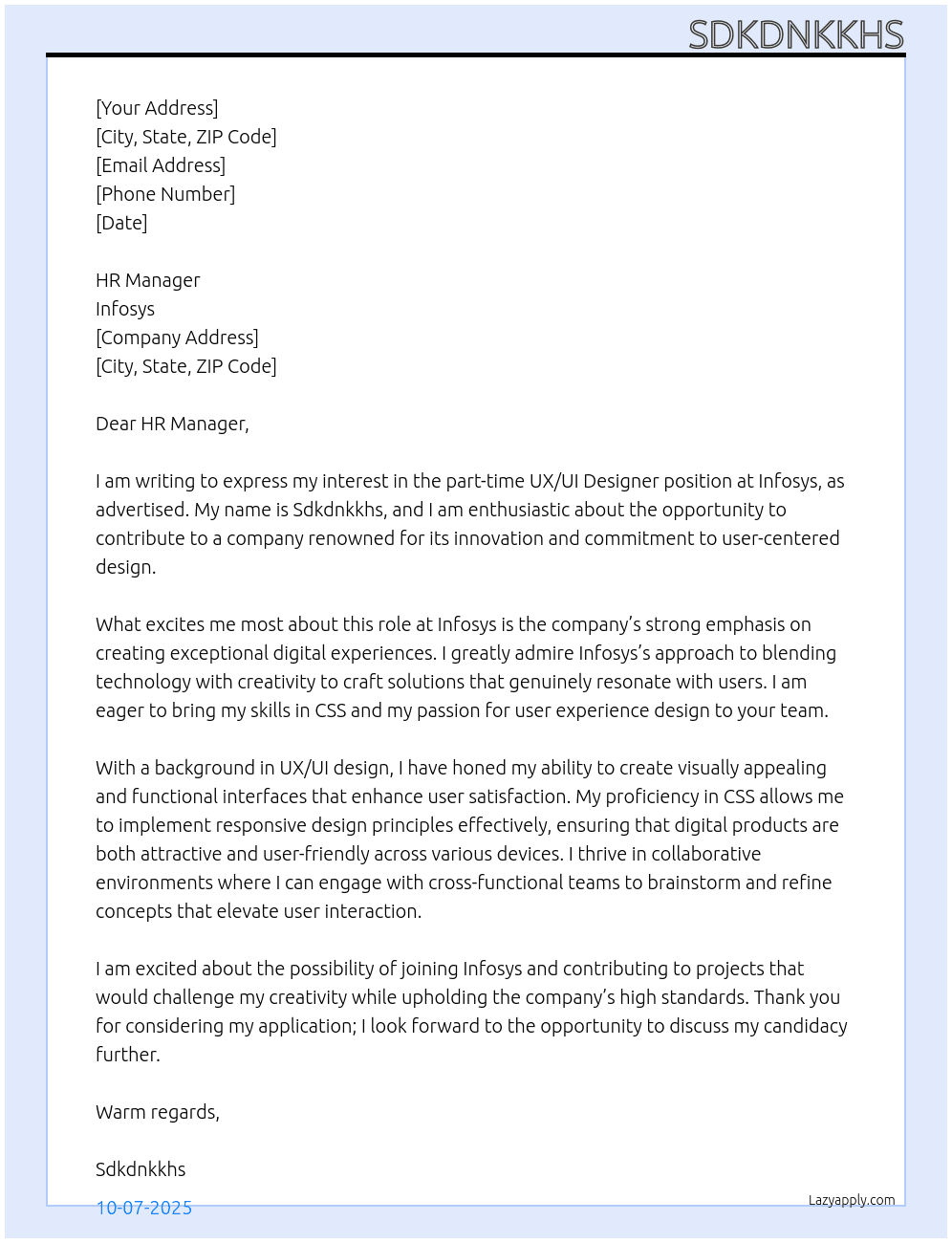 UX/UI Designer  At Infosys  Cover Letter