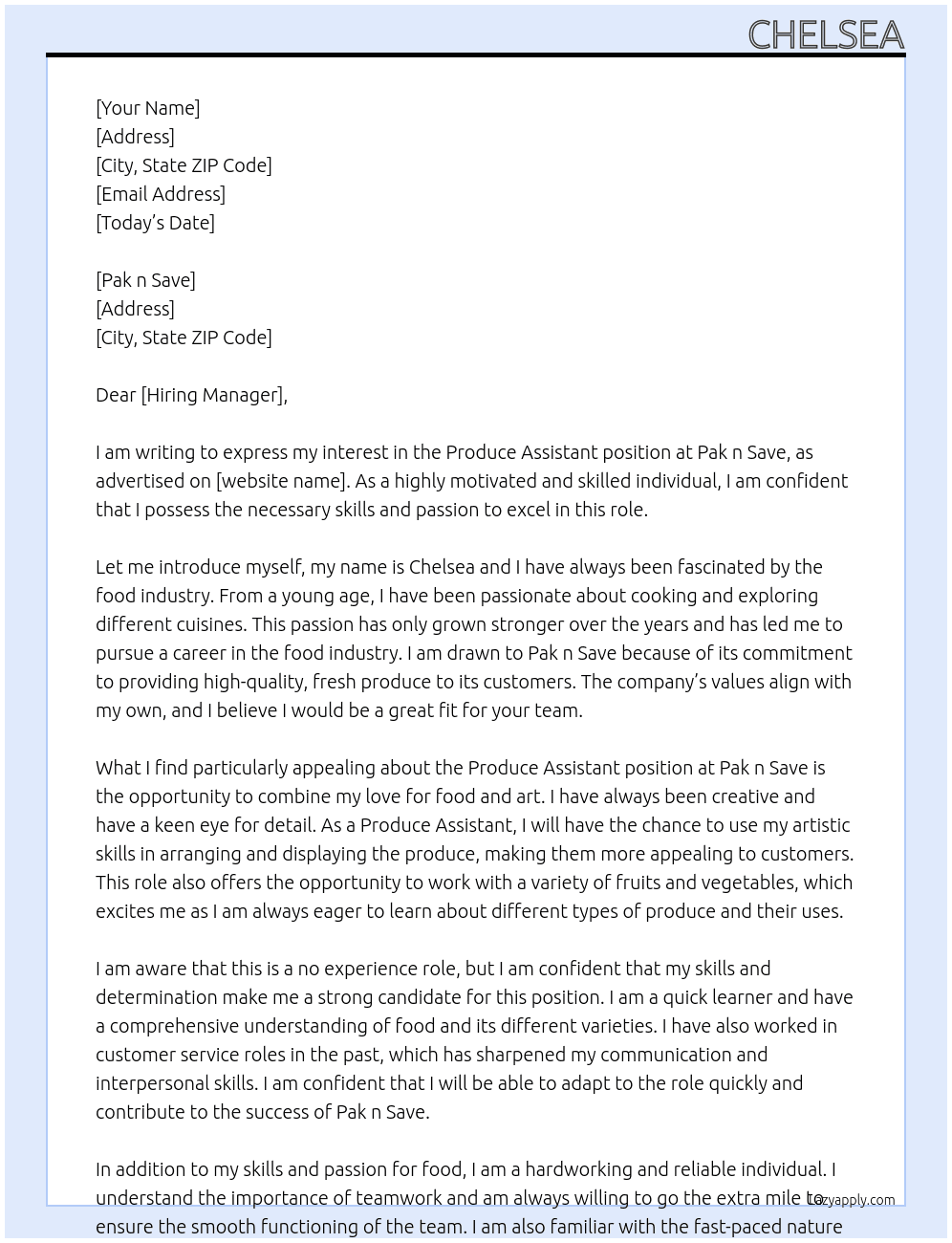 Produce assistant At Pak n Save Cover Letter