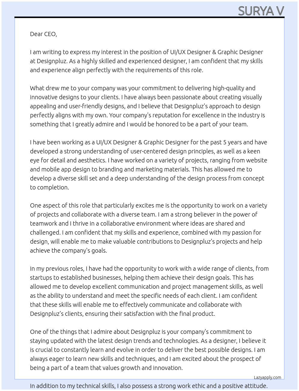 UI/UX Designer & Graphic Designer At Designpluz Cover Letter