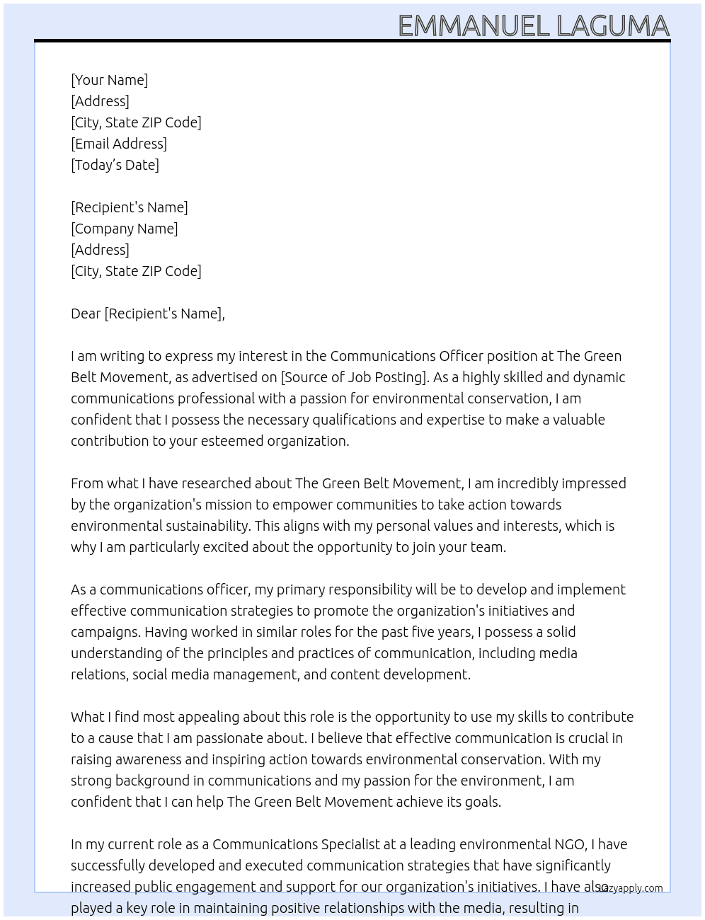 communications officer At The Green Belt Movement Cover Letter