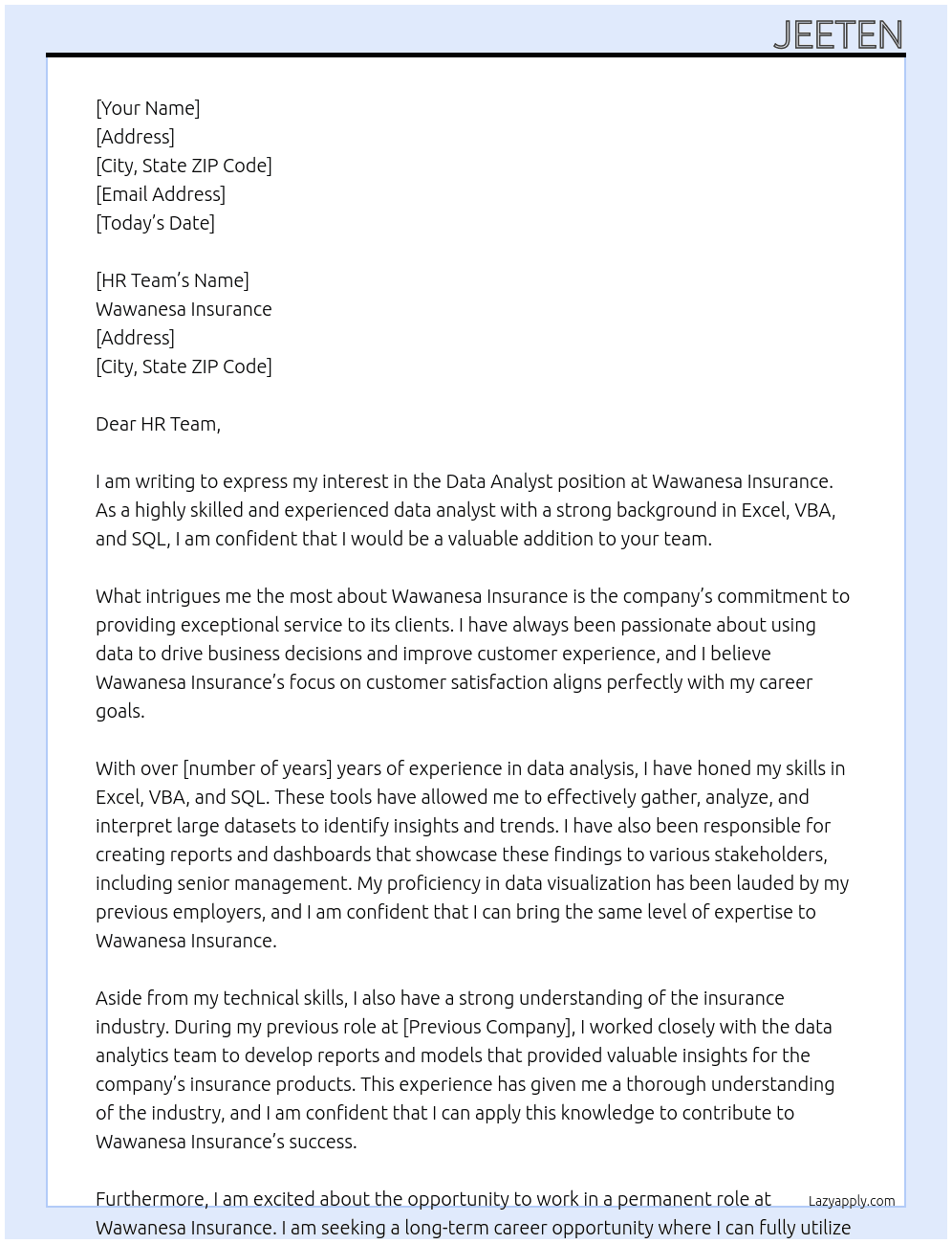 data analyst At Wawanesa Insurance Cover Letter