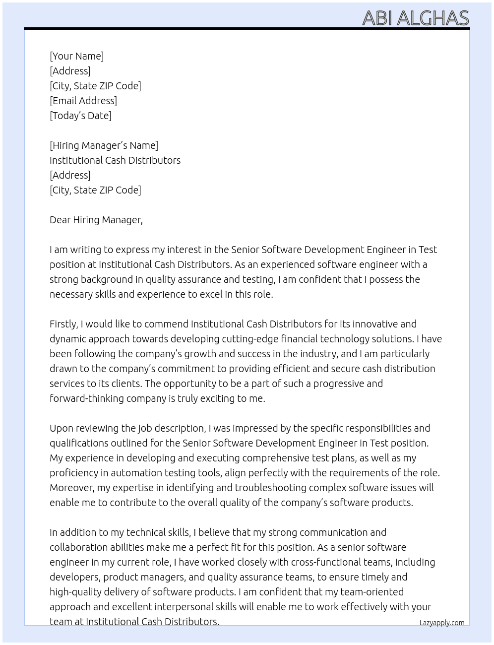  Senior Software Development Engineer in Test At Institutional Cash Distributors Cover Letter