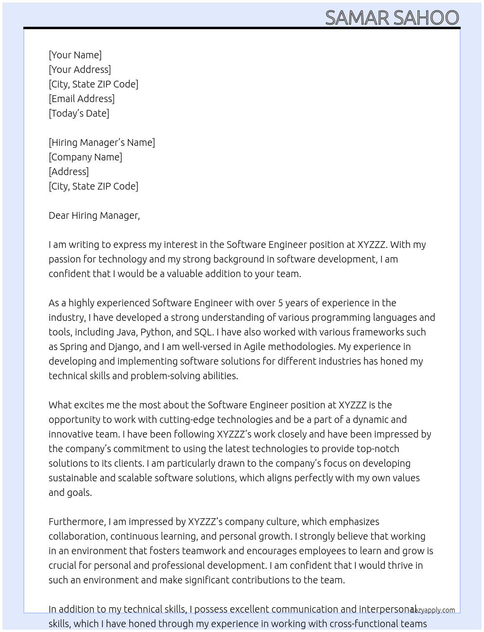 Software Engineer At XYZZZ Cover Letter