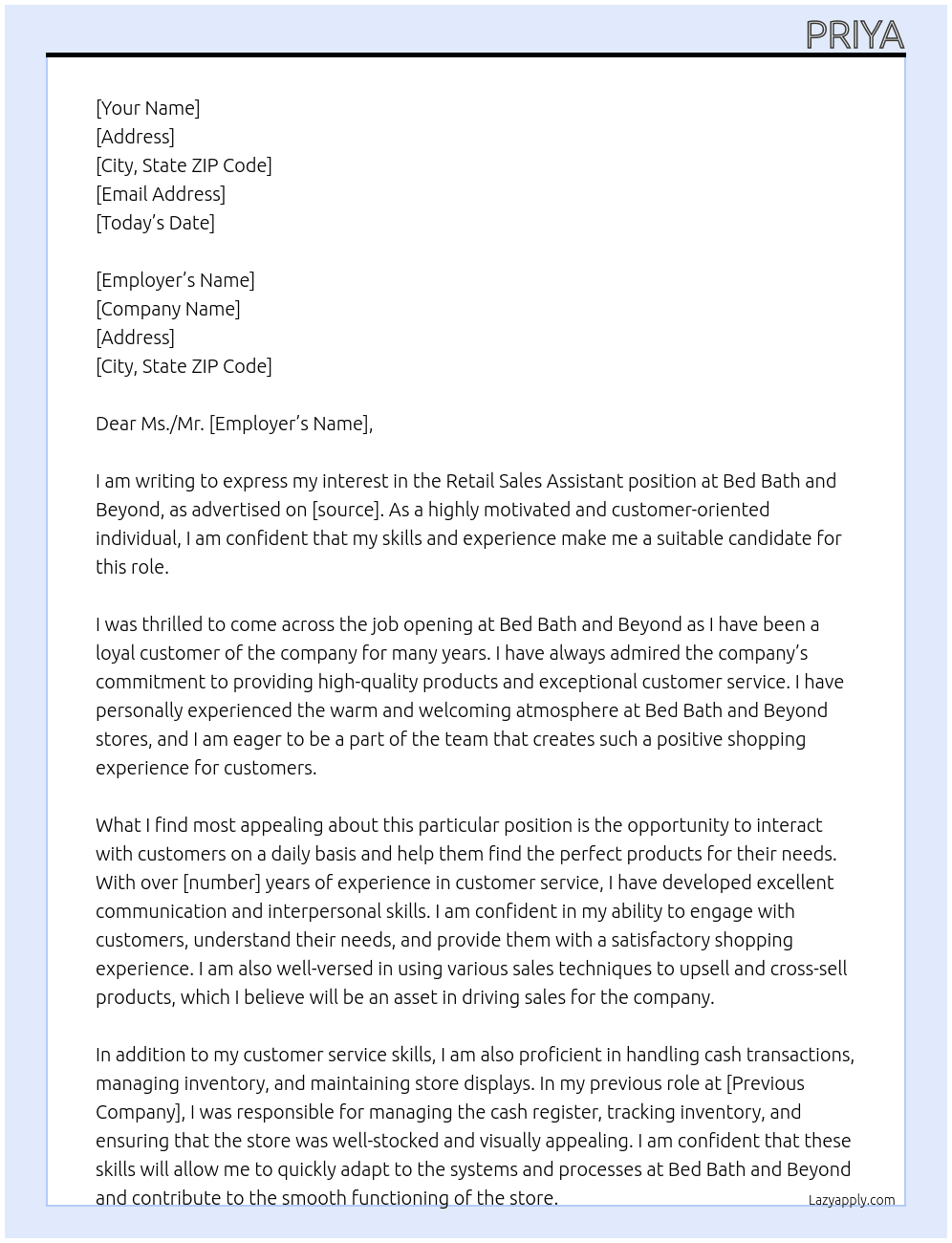 retail sales assistant At bed bath and beyond Cover Letter
