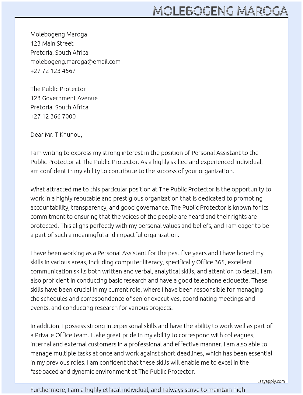 Personal Assistant to the Public Protector At The Public Protector Cover Letter