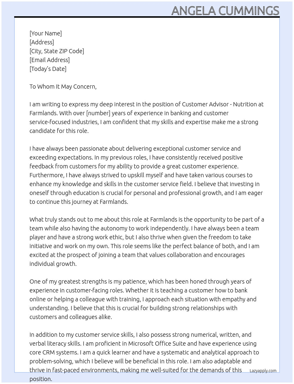 Customer Advisor - Nutrition (12 month Fixed Term) At Farmlands Cover Letter